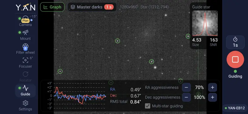 Guiding: guide star, graph and RMS