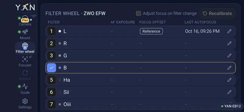 Filter wheel: names, colours and focus offsets