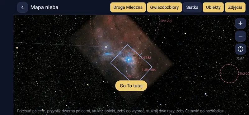 Mapa nieba z prawdziwymi zdjęciami obiektów i ramką kadru