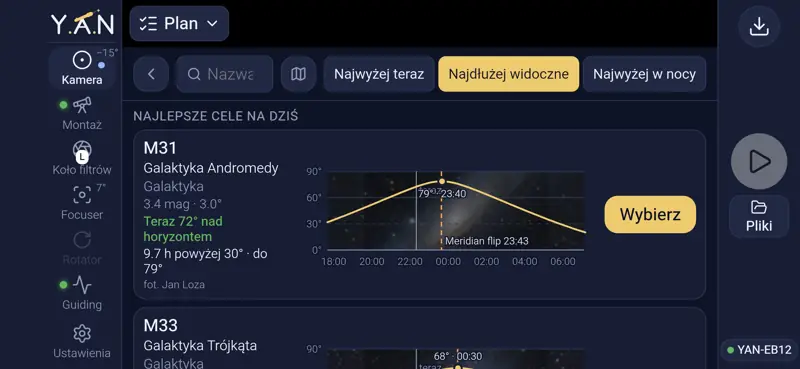 Najlepsze cele na dziś z wykresem wysokości przez noc