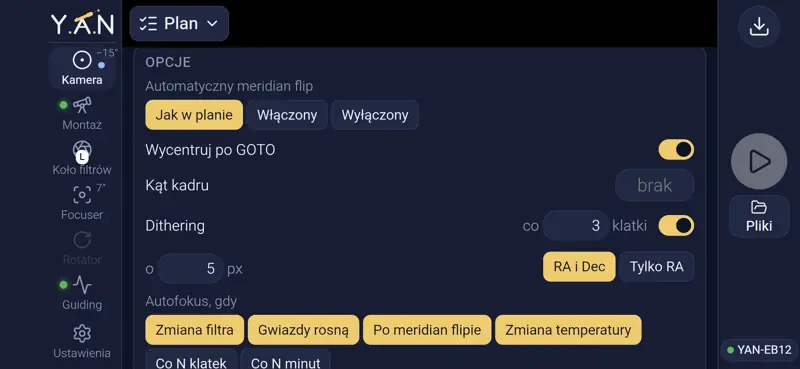 Opcje celu: flip, centrowanie, dithering, autofokus